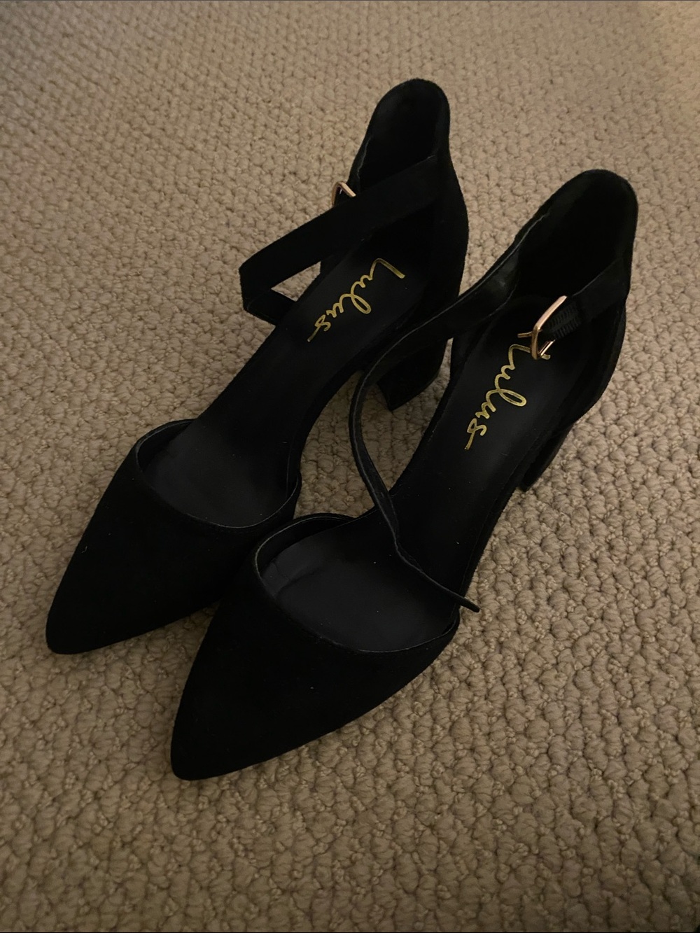 Lulu's Black Suede-Look Pointed Toe Ankle Strap Heels